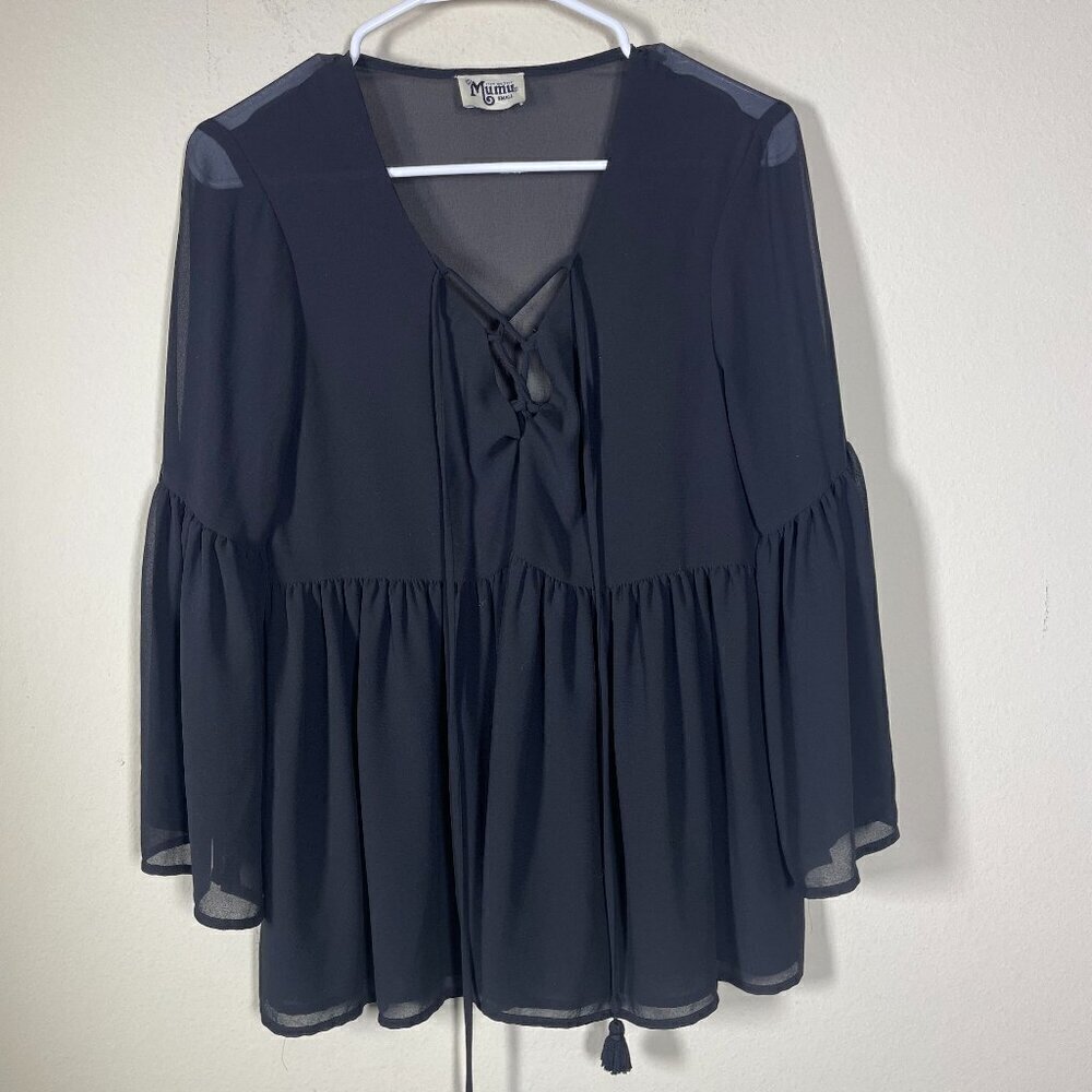 Show Me Your Mumu Small Black Peplum Sheer Tie Front Blouse Bell Sleeves!